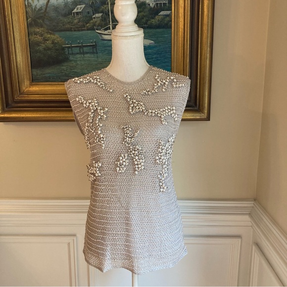 ZARA Limited Edition Gray Pearl Rhinestone Embellished Knit Top - Picture 6 of 13